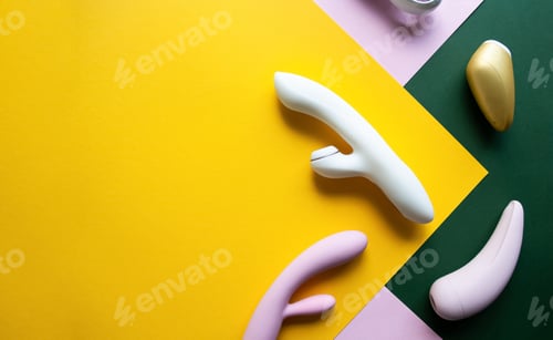 Preview: Collection of different types of sex toys on a pink, green and yellow background.