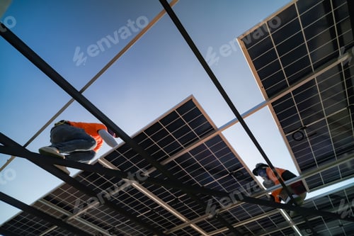 Preview: Renewable Energy Eco Technology Electric Power. Worker assemble system of solar panel.