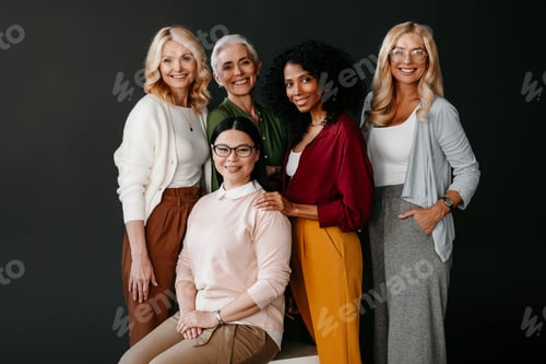 Preview: Multi-ethnic group of beautiful mature women bonding and smiling against black background