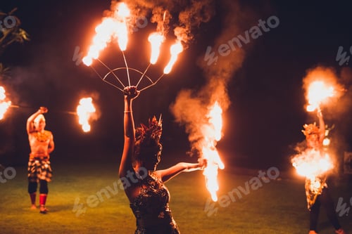 Preview: Balinese traditional dancing with fire show at evening beach party