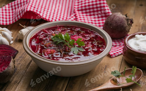 Preview: Traditional ukrainian borscht soup with sour cream and fresh herbs