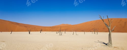 Preview: Panoramic view of Deadvlei with red dunes and blue sky.