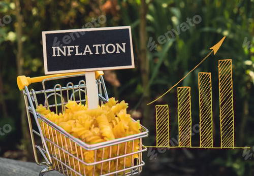 Preview: INFLATION text on Blackboard label Shopping trolley cart with graph Filled With Pasta on agriculture
