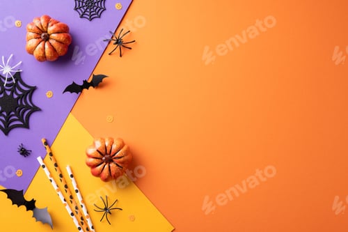 Preview: Creative Halloween background featuring pumpkins, bats, spider webs, and festive colors
