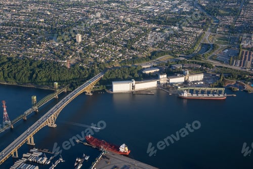 Preview: Aerial view of Industrial Sites and Ironworkers Memorial Second Narrows Crossing in North Vancouver
