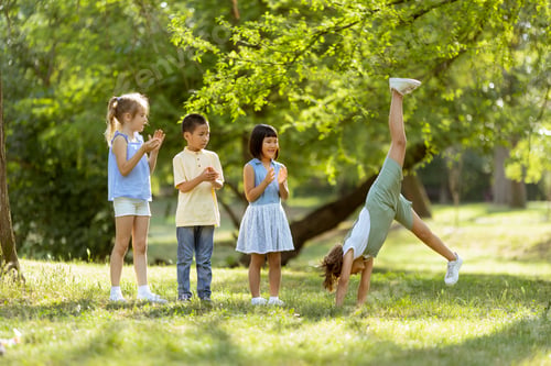 Preview: Group of asian and caucasian kids having fun in the park