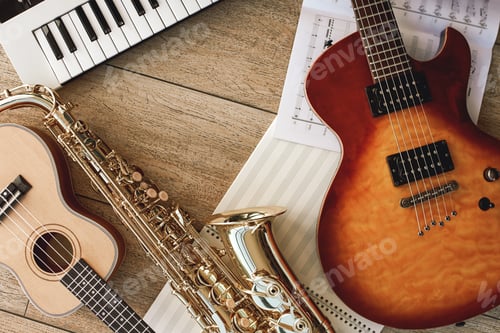 Preview: Composition of different musical instruments: synthesizer, electronic guitar, saxophone and ukulele