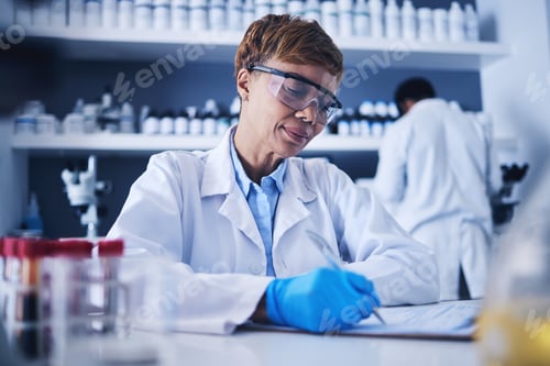 Preview: Black woman, science documents and writing in laboratory for healthcare planning, review or checkli
