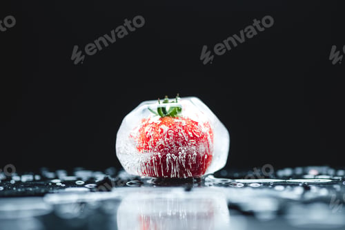 Preview: close-up view of ripe cherry tomato frozen in ice cube on black