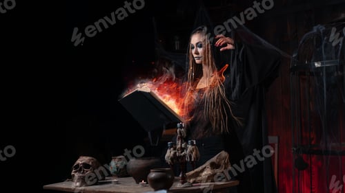 Preview: Halloween concept. Witch dressed black hood with dreadlocks standing dark dungeon room use magic boo