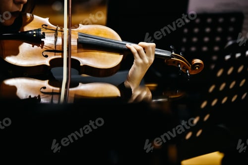 Preview: Woman fiddler during a concert, background in black.