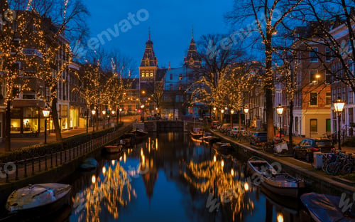 Preview: Amsterdam canals with Christmas lights during December, canal historical center Amsterdam at night