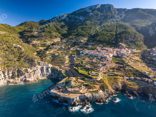 Preview: Aerial view of Banyalbufar in Mallorca on a sunny day