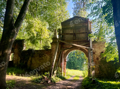 Preview: The ruins of an old stone arch in the forest with trees and grass