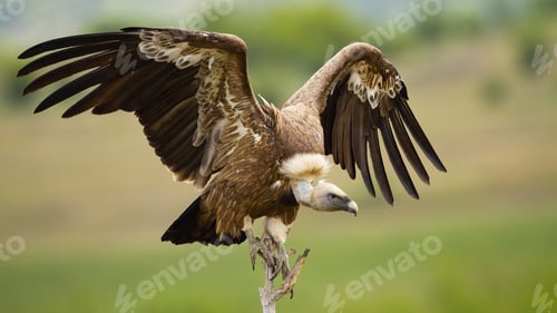 Preview: Griffon vulture landing on a perch with wings spread in summer