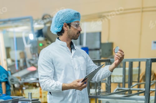 Preview: Factory technician in a clean uniform conducting a detailed inspection