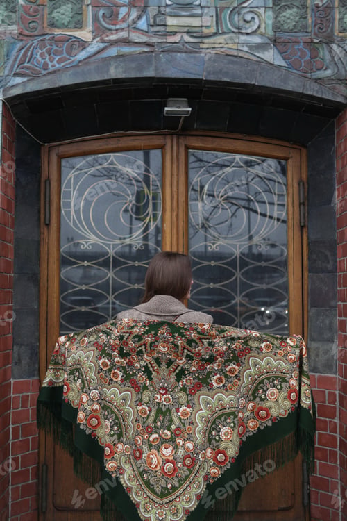 Preview: Russian Tourist Girl In Vintage Pavlovo Posad Shawl And Ancient Door Of Pertsov'S House In Moscow