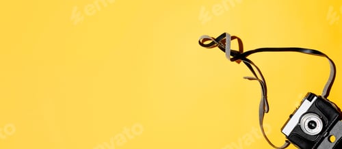 Preview: Vintage photo camera with a case on a yellow background. Copy space, flat lay. Retro film camera