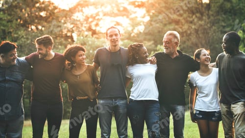 Preview: Cheerful diverse people huddling in the park