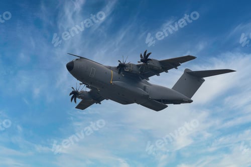 Preview: Airbus A400M Atlas military transport aircraft flying high in the blue sky