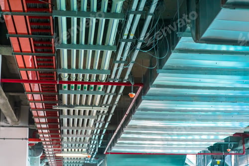 Preview: Mechanical and electrical services on the ceiling in a construction site.