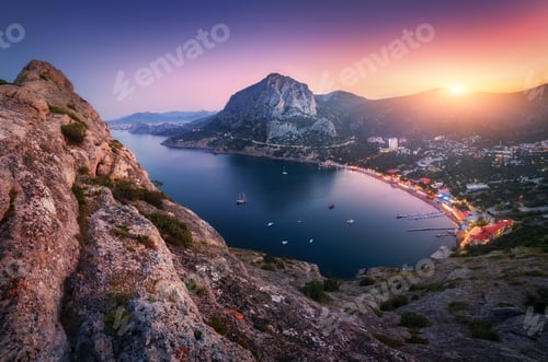 Preview: Colorful mountain landscape at sunset. View from the mountain pe