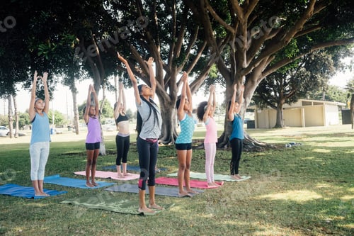 Preview: Schoolgirls practicing yoga pose on school sports field