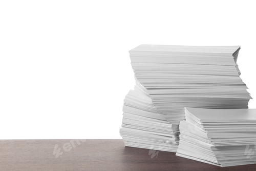 Preview: Stacks of paper sheets on wooden table against white background. Space for text