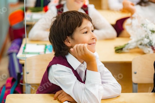 Preview: Knowledge day at school, a pensive student sits at a desk