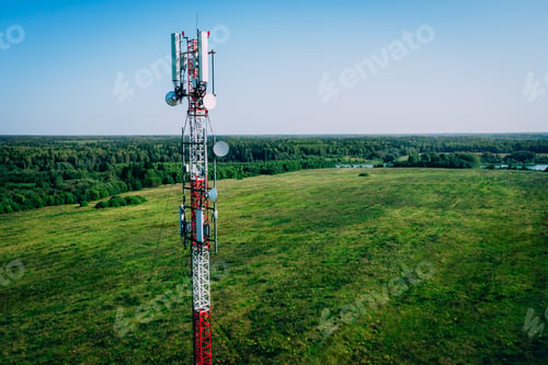 Preview: Aerial drone view of 5G telecommunication tower. GSM and radio telecommunication tower.