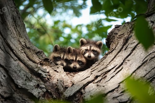 Preview: Three baby raccoons peering down from their treetop home.