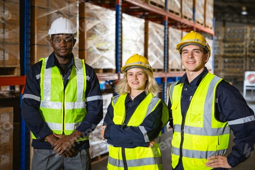 Preview: group professional warehouse worker. stock inventory team staff employee working in cargo storage