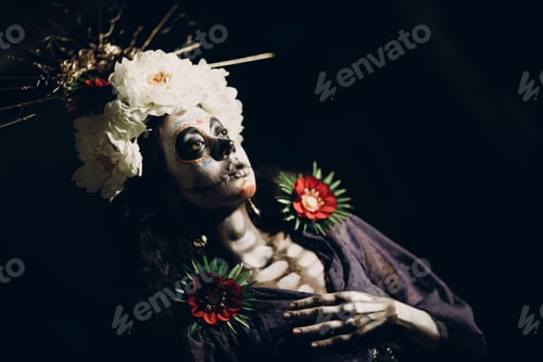 Preview: Woman with mexican skull halloween makeup on face