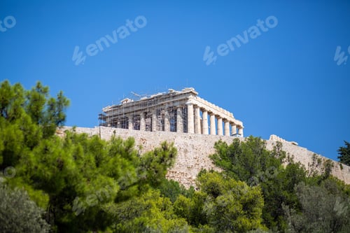 Preview: Scenic view of the Parthenon temple in Acropolis, Greece on a blue sky background