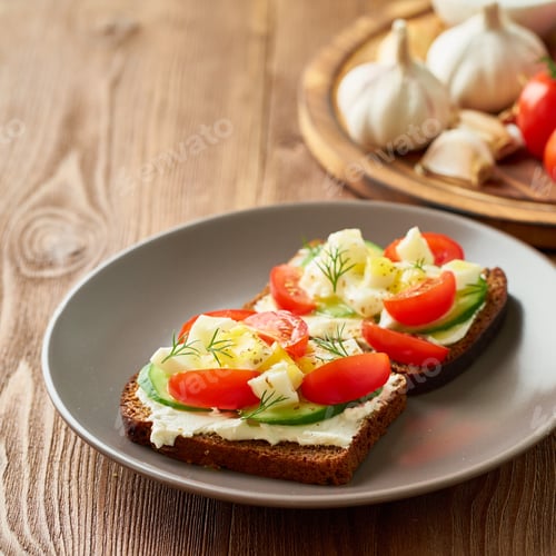 Preview: Smorrebrod - traditional Danish sandwiches. Black rye bread with boiled egg