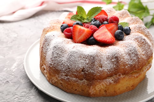 Preview: Tasty Bundt cake with powdered sugar and berries on grey textured table, closeup