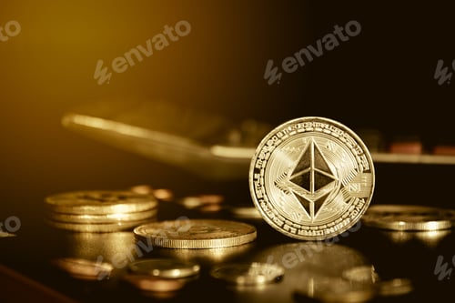Preview: Golden bitcoin coin with calculator and money coin on black background