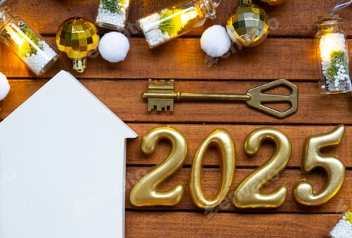 Preview: House key with tiny figure of home mock up on festive brown wooden background, lights of garlands. N