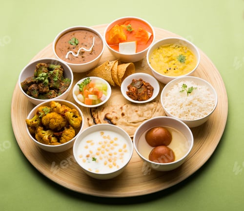 Preview: Indian assorted vegetarian food in plate and serving bowls