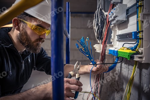 Preview: A male electrician works in a switchboard with an electrical connecting cable.