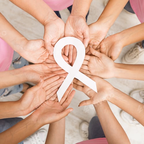 Preview: Women Hands Circle Holding Breast Cancer White Ribbon, Top View