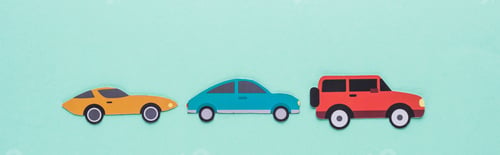Preview: top view of paper cut cars on turquoise background, panoramic shot