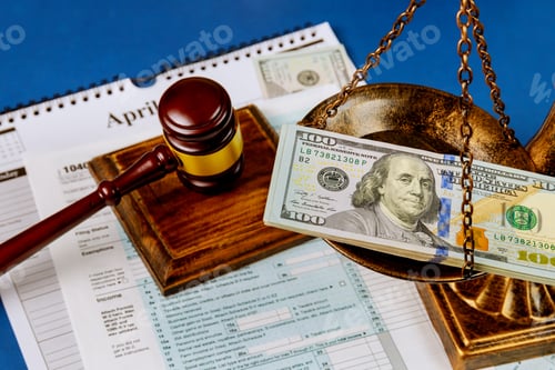 Preview: Hundred US dollar bills on a table scales of justice, gavel IRS form