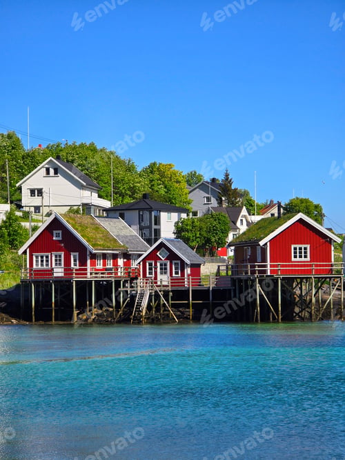 Preview: Red Roofed Houses on Stilts in Norway, Reine, Lofoten, Norway