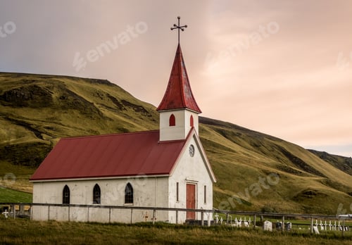 Preview: Little white church with a red roof Reyniskyrka in Vik Iceland