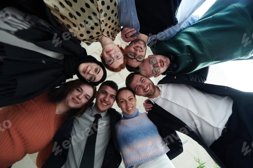 Preview: A diverse group of business professionals standing together in a powerful, united pose, captured