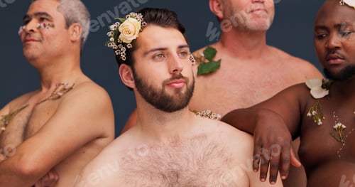 Preview: Beauty, skincare and men with flowers in studio for cosmetics, wellness and spa treatment. Dermatol