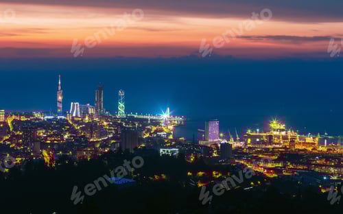 Preview: Batumi, Adjara, Georgia. Aerial View Of Urban Cityscape At Sunset. Town At Evening Blue Hour time