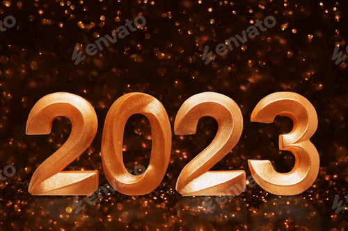 Preview: Holiday background Happy New Year 2023. Numbers of year 2023 made by gold candles on black glitter
