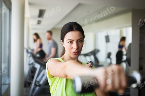 Preview: Portrait of attractive fit woman in gym